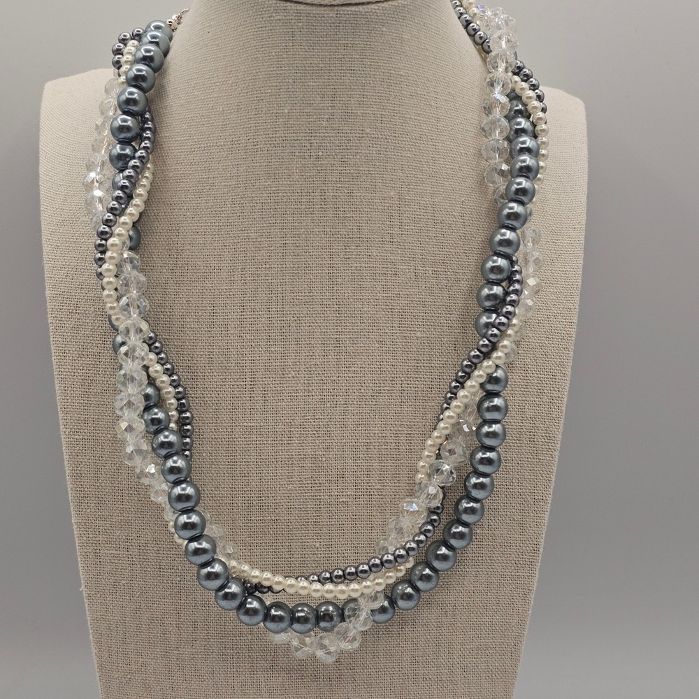 Multi-Strand Faux Pearl & Crystal Bead Necklace Wedding Bridal Formal - Picture 1 of 7